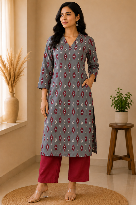 ASH GREY IKAT COTTON KURTI (only kurti)