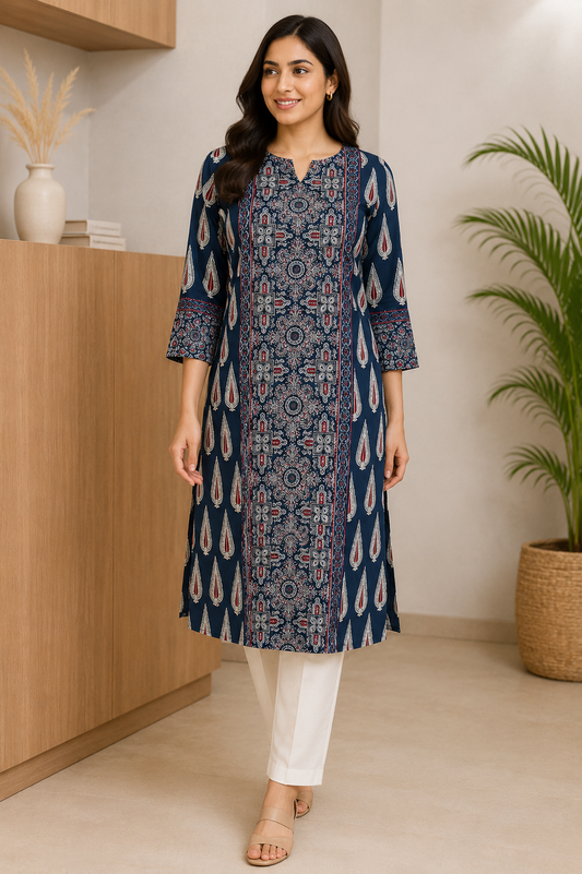 ROYAL BLUE MOTIF COTTON KURTI (only kurti)