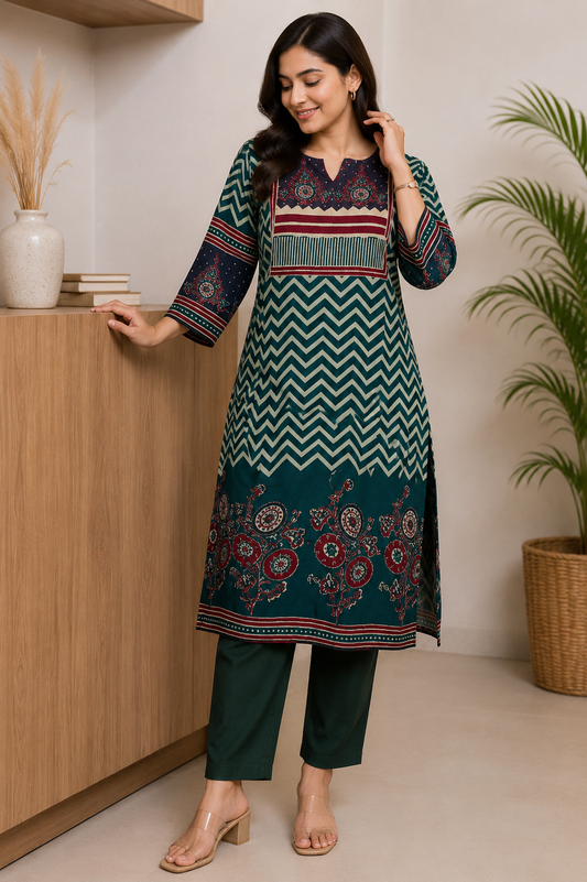 EMERALD CHEVRON ETHNIC COTTON KURTI (only kurti)