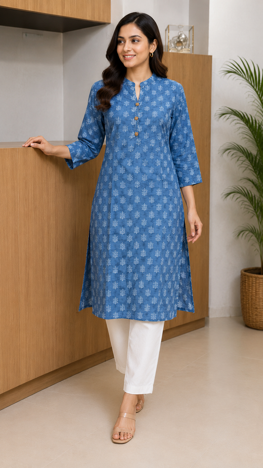 SKY BLUE BUTI COTTON KURTI (only kurti)