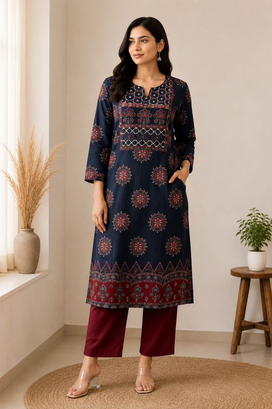 ROYAL BLUE AJRAKH COTTON KURTI (only kurti)