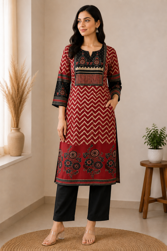 GARNET RED AJRAKH COTTON KURTI (only kurti)