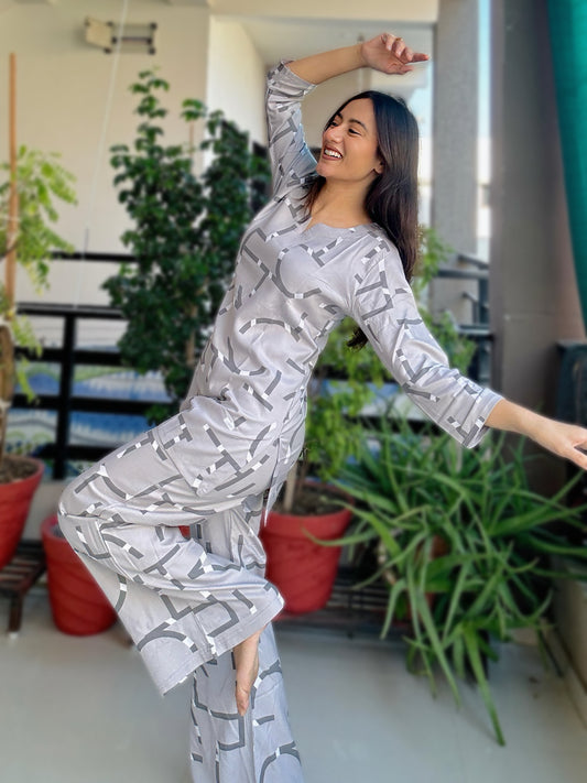 PASTEL ASH GEOMETRIC PRINT RAYON CO-ORD SET