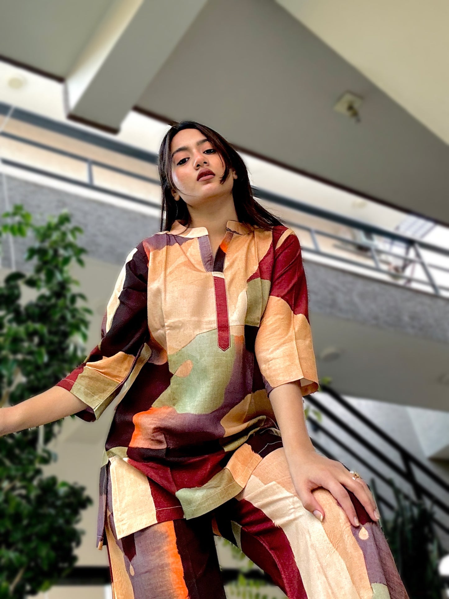 DIGITAL BROWN GEOMETRIC PRINT RAYON CO-ORD SET