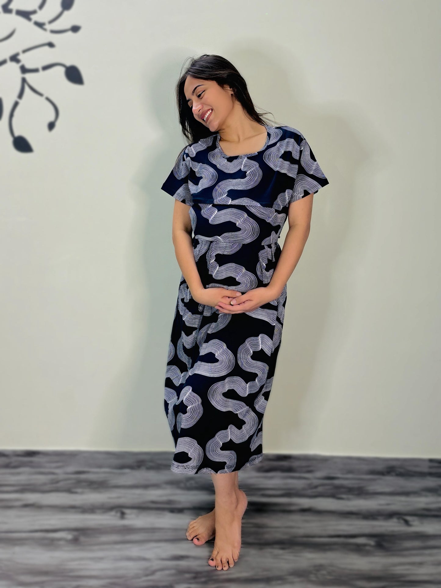 NAVY BLUE WAVES MATERNITY GOWN