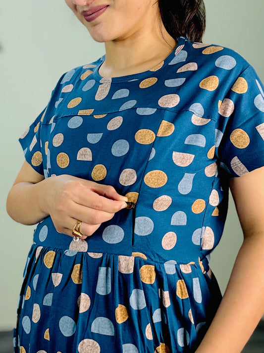 BLUE POLKA MATERNITY GOWN