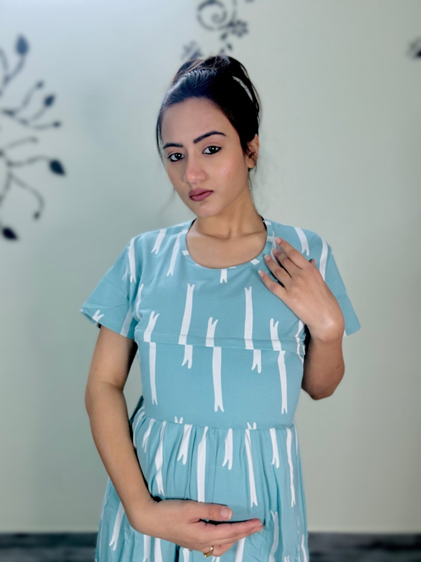 SKY BLUE STRIPES MATERNITY GOWN