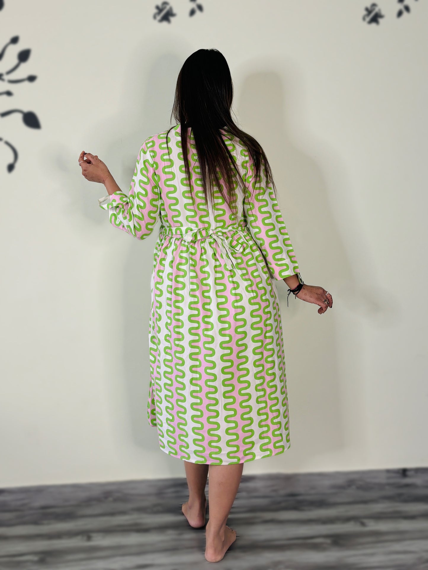 PINK GREEN ZICK-ZACK MATERNITY DRESS (TWO ZIP)