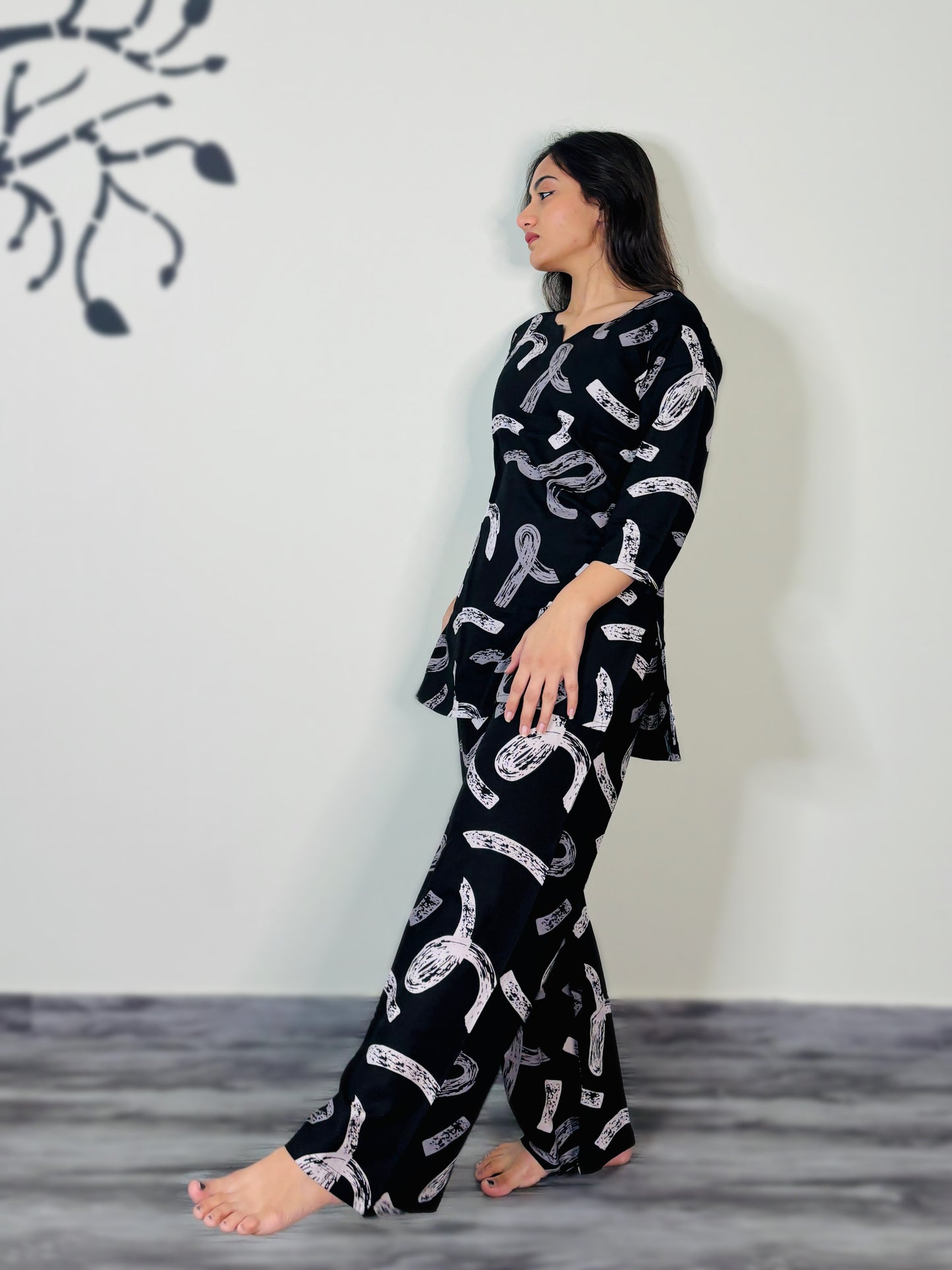 BLACK GEOMETRIC PRINT RAYON CO-ORD SET
