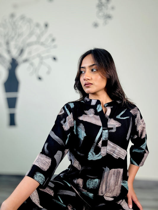 BLACK BRUSH PRINT RAYON CO-ORD SET