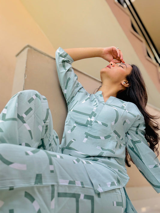 PASTEL GREEN GEOMETRIC PRINT RAYON CO-ORD SET