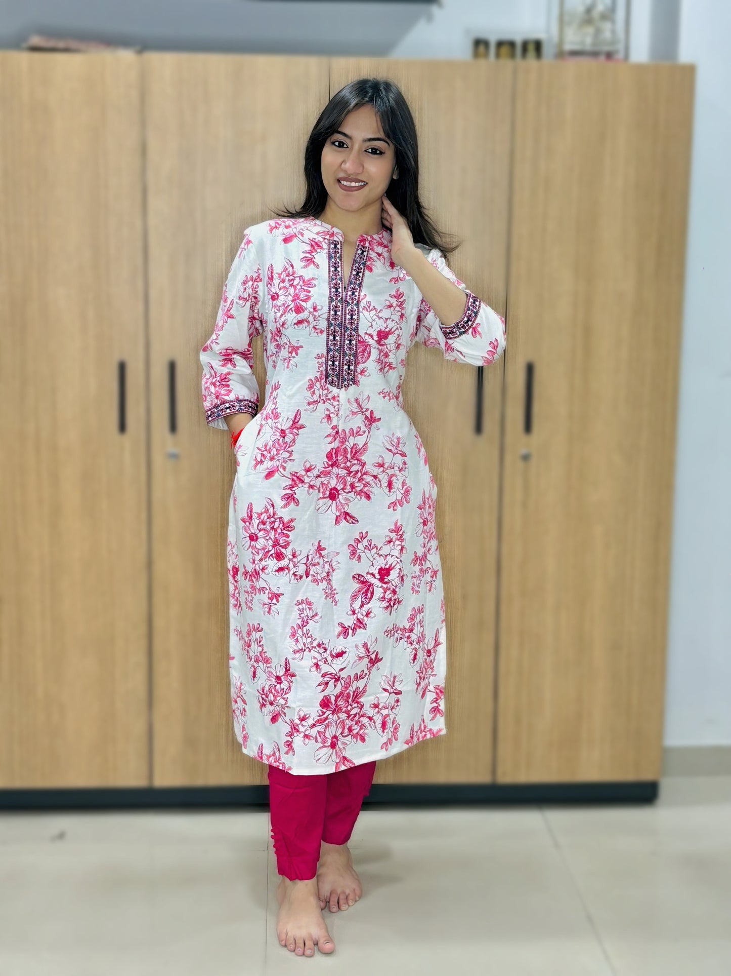 WHITE PINK FLORAL COTTON KURTI (Only Kurti)