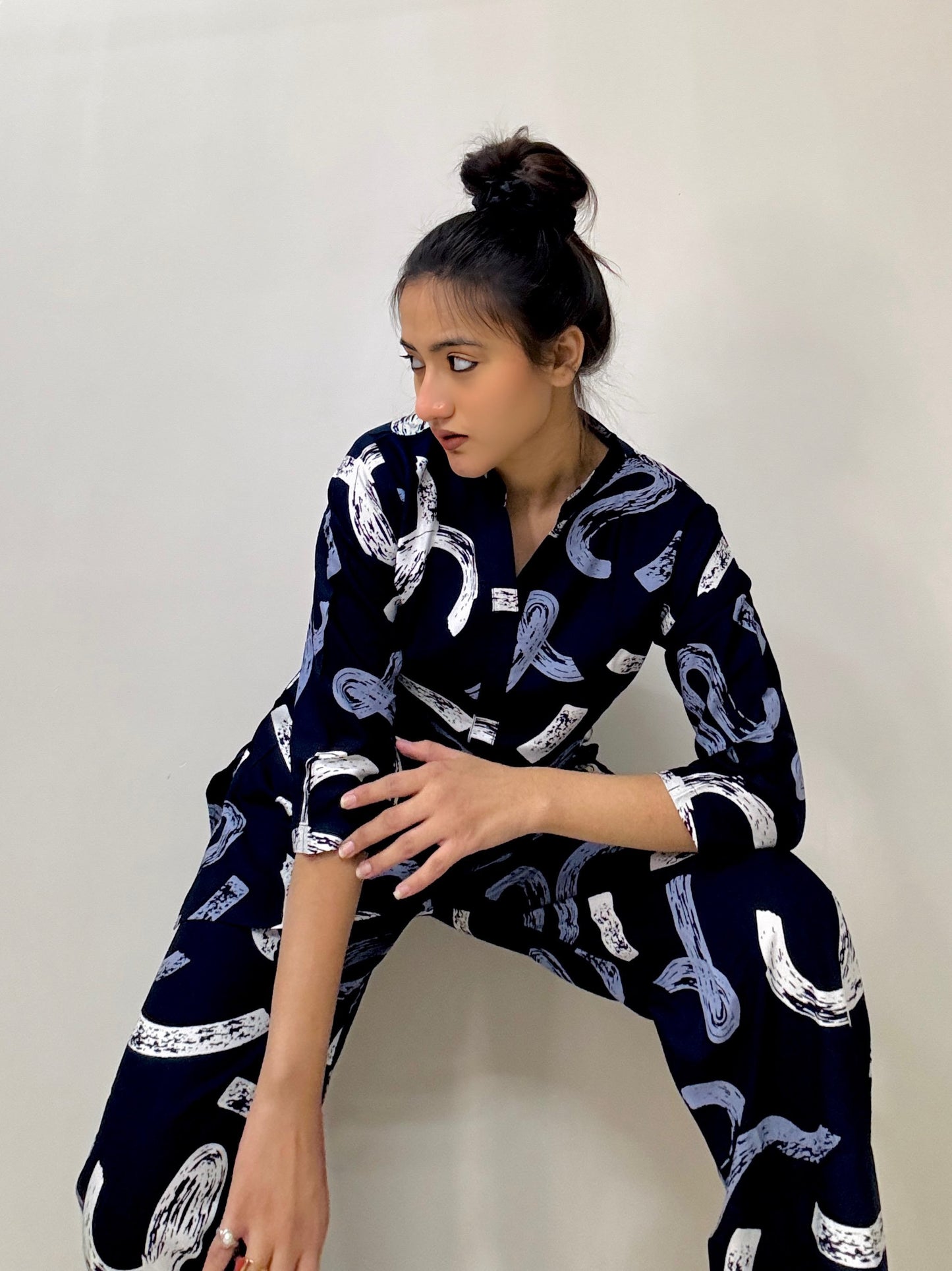 DARK NAVY GEOMETRIC PRINT RAYON CO-ORD SET