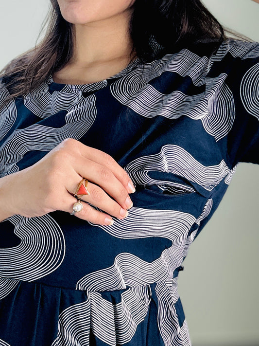 NAVY BLUE WAVES MATERNITY GOWN