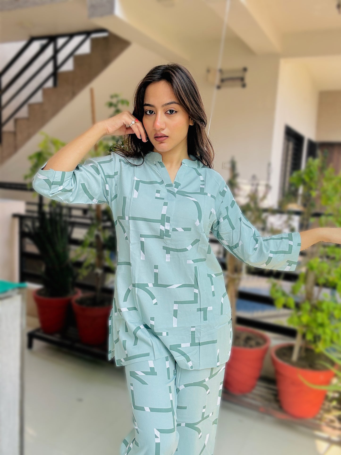 PASTEL GREEN GEOMETRIC PRINT RAYON CO-ORD SET