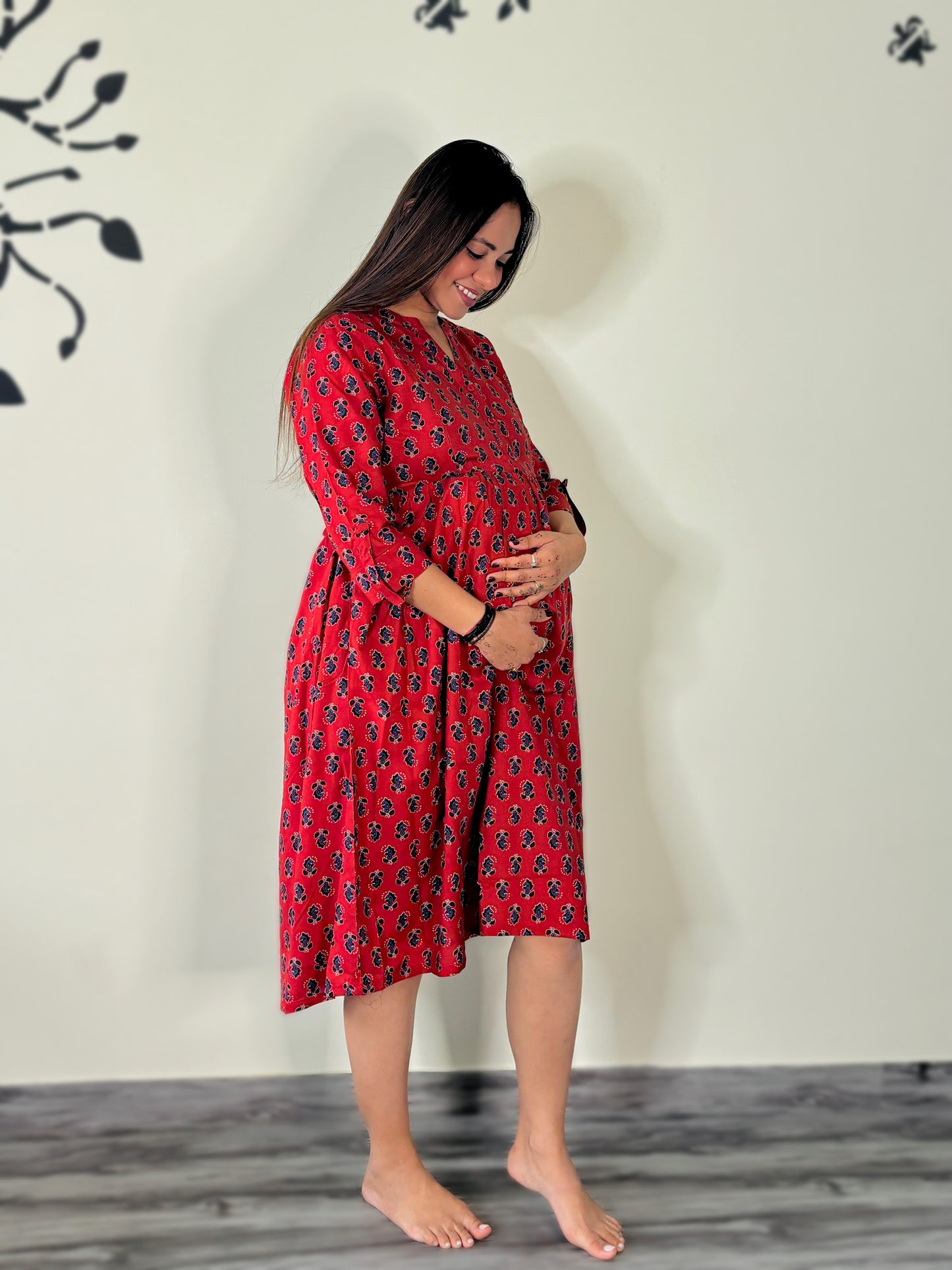 RED ALL OVER BUTTA MATERNITY DRESS (TWO ZIP)
