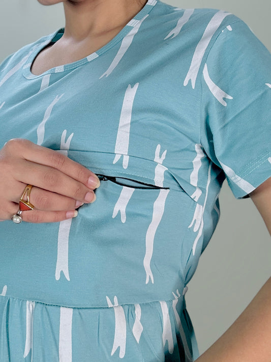SKY BLUE STRIPES MATERNITY GOWN