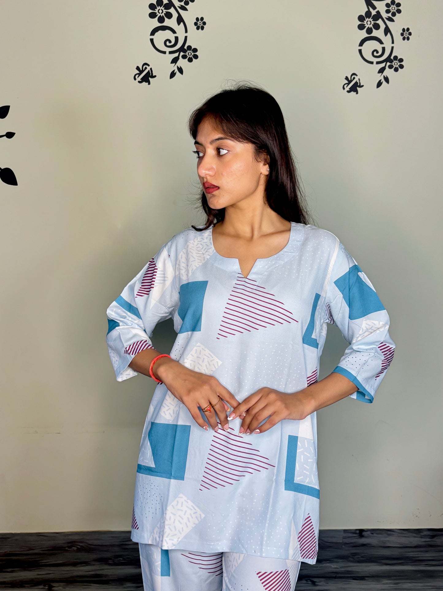 ICE BLUEY WINE ACCENTS RAYON CO-ORD SET