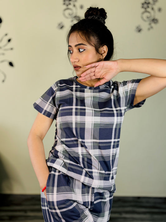 BLUE AND WHITE CHEXS PRINTED CO-ORD SET