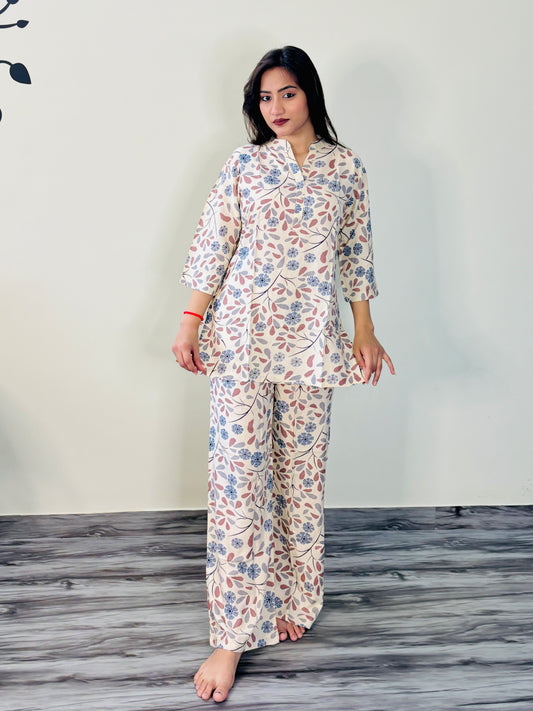 JASMINE WHITE BLUE FLOWERS RAYON CO-ORD SET