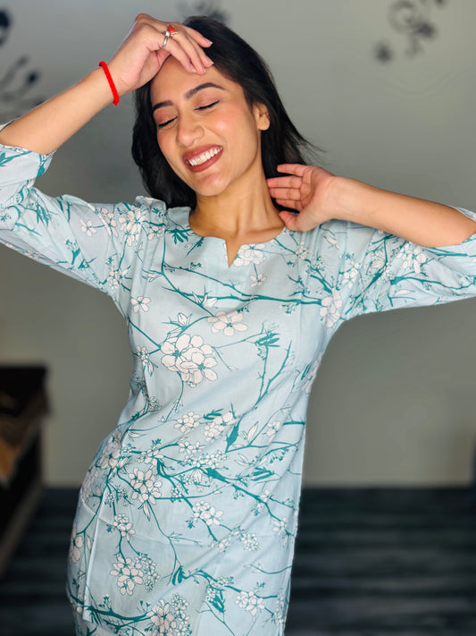 SKY BLUE IMPRESSIONIST RAYON CO-ORD SET
