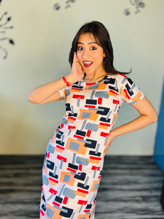 WHITE COLOURFUL BLOCKS PRINT SHORT NIGHTY