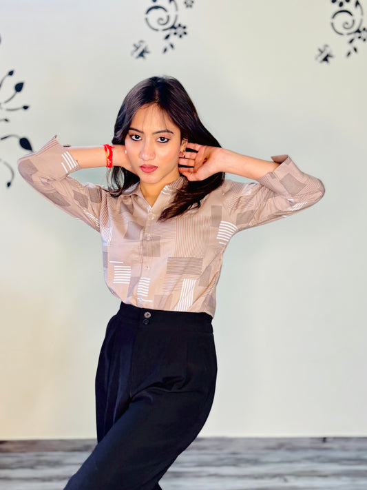 CREAM TAN ABSTRACT LINE RAYON SHIRT (only shirt)