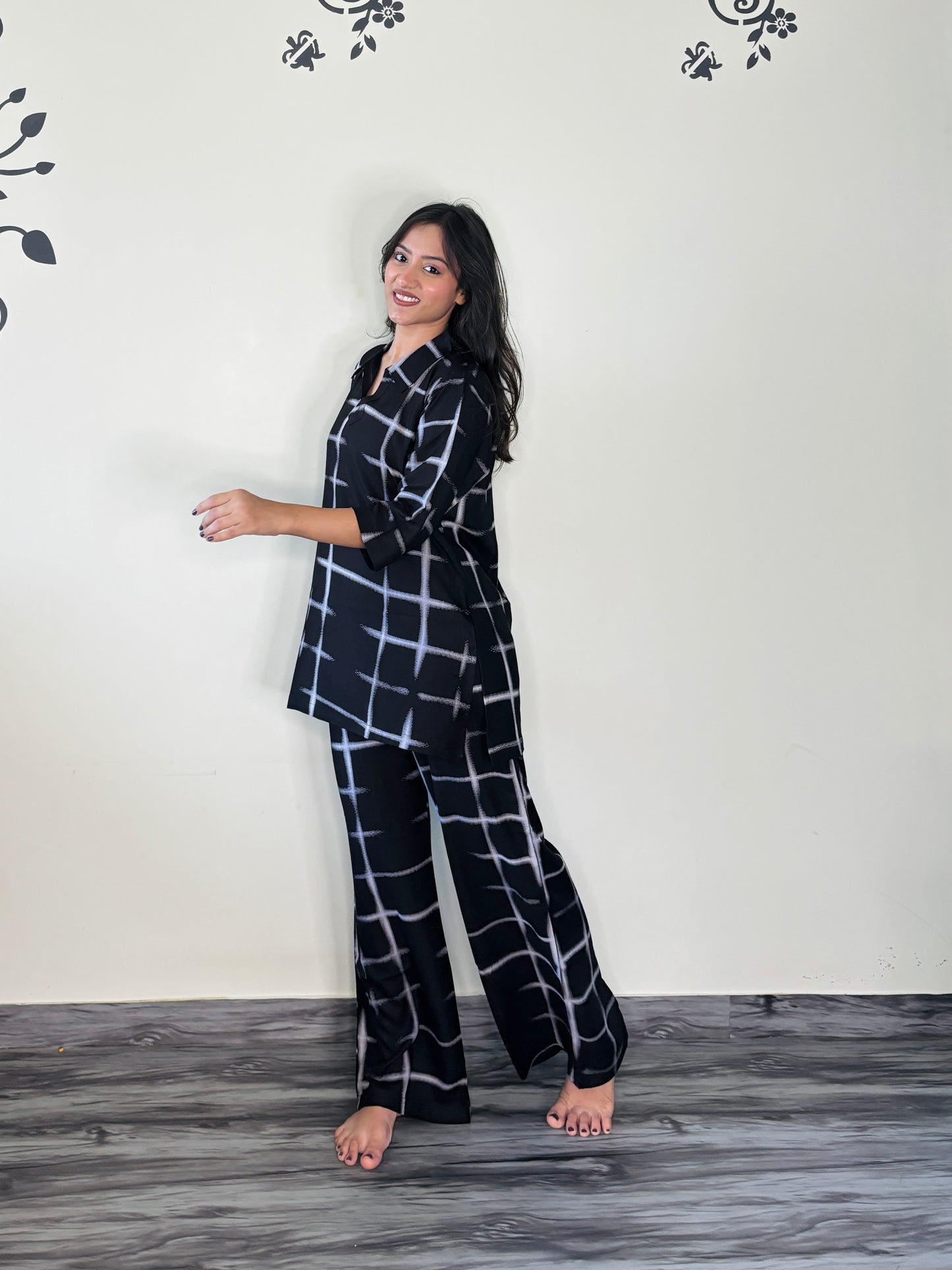 MIDNIGHT BLUE GRID ACCENTS RAYON CO-ORD SET