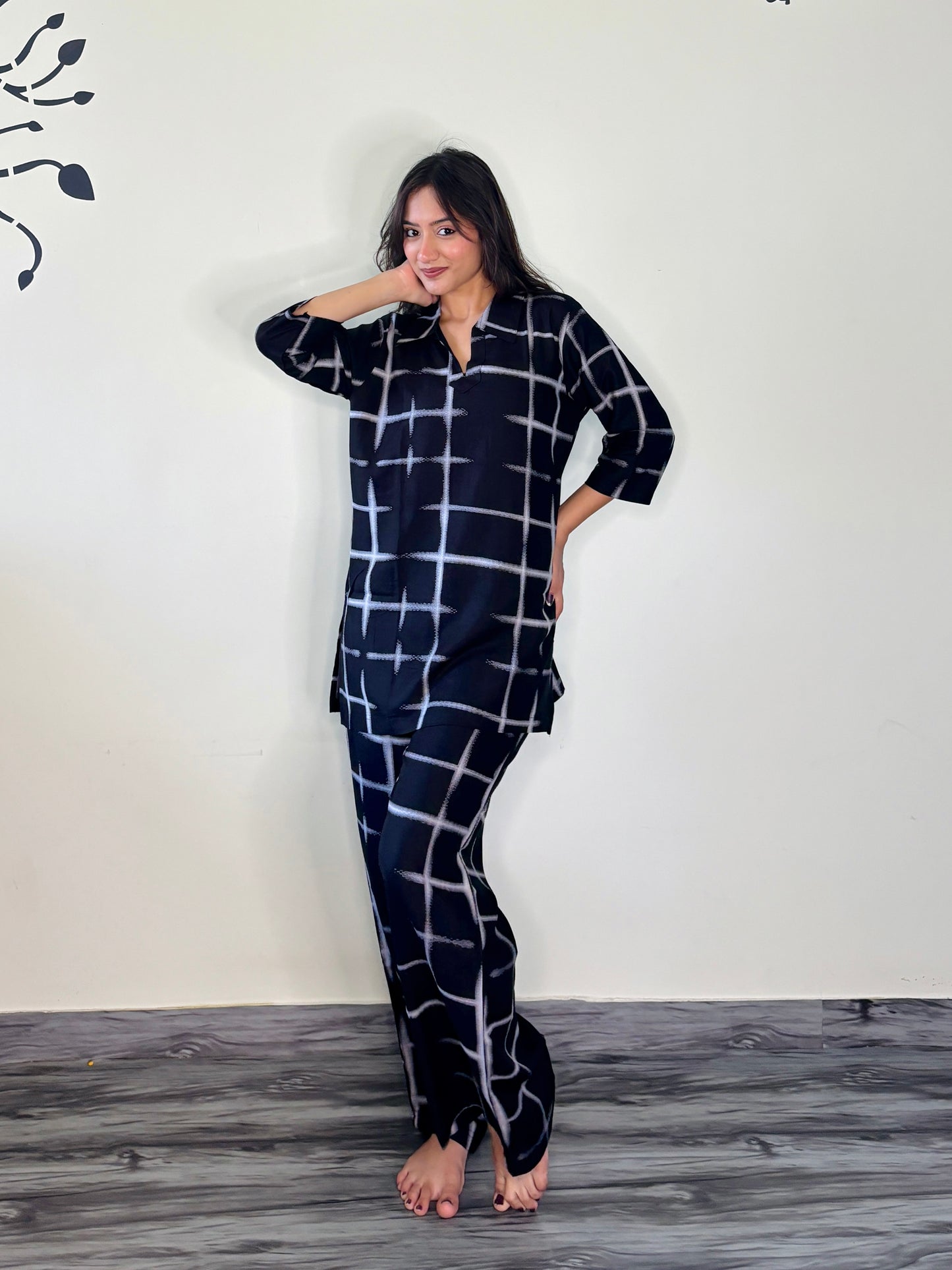 MIDNIGHT BLUE GRID ACCENTS RAYON CO-ORD SET