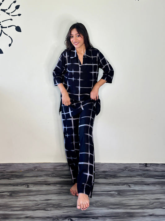 MIDNIGHT BLUE GRID ACCENTS RAYON CO-ORD SET