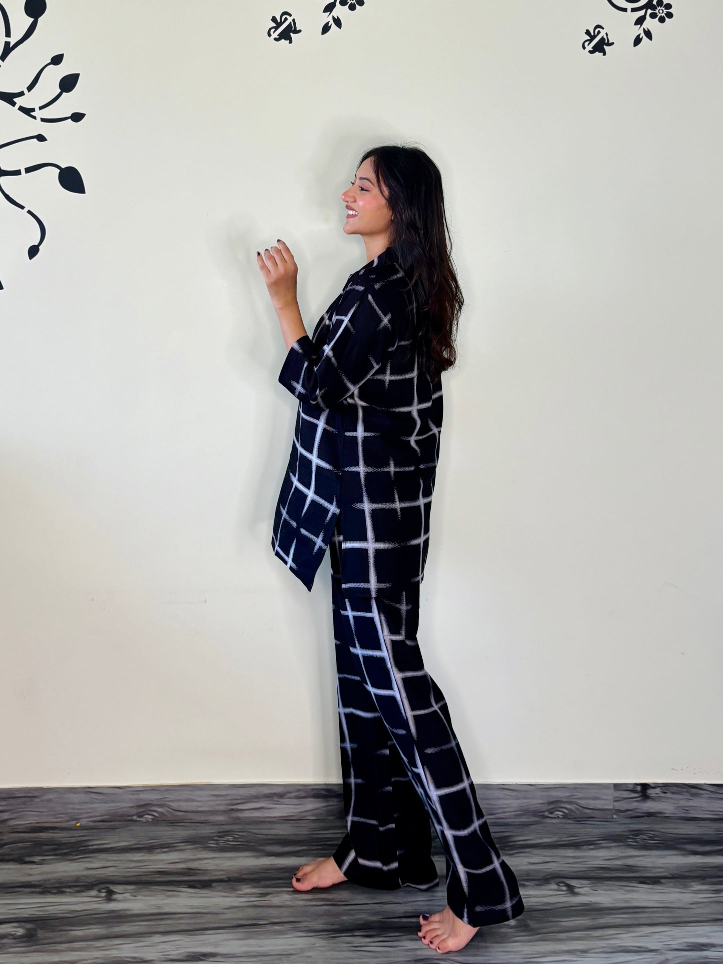 MIDNIGHT BLUE GRID ACCENTS RAYON CO-ORD SET