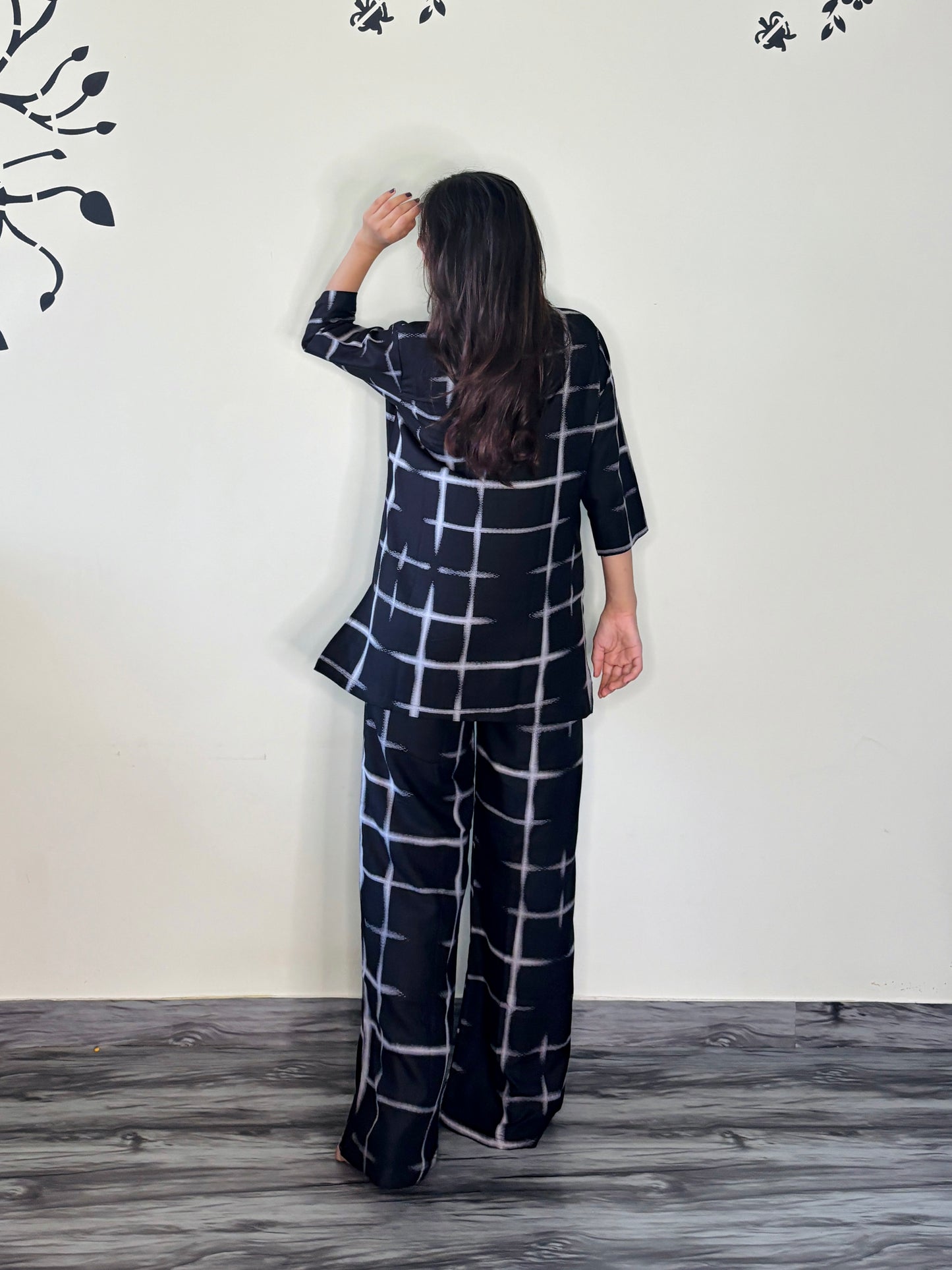 MIDNIGHT BLUE GRID ACCENTS RAYON CO-ORD SET