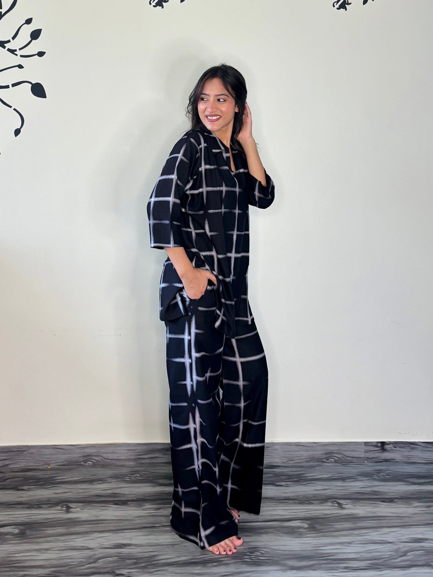MIDNIGHT BLUE GRID ACCENTS RAYON CO-ORD SET