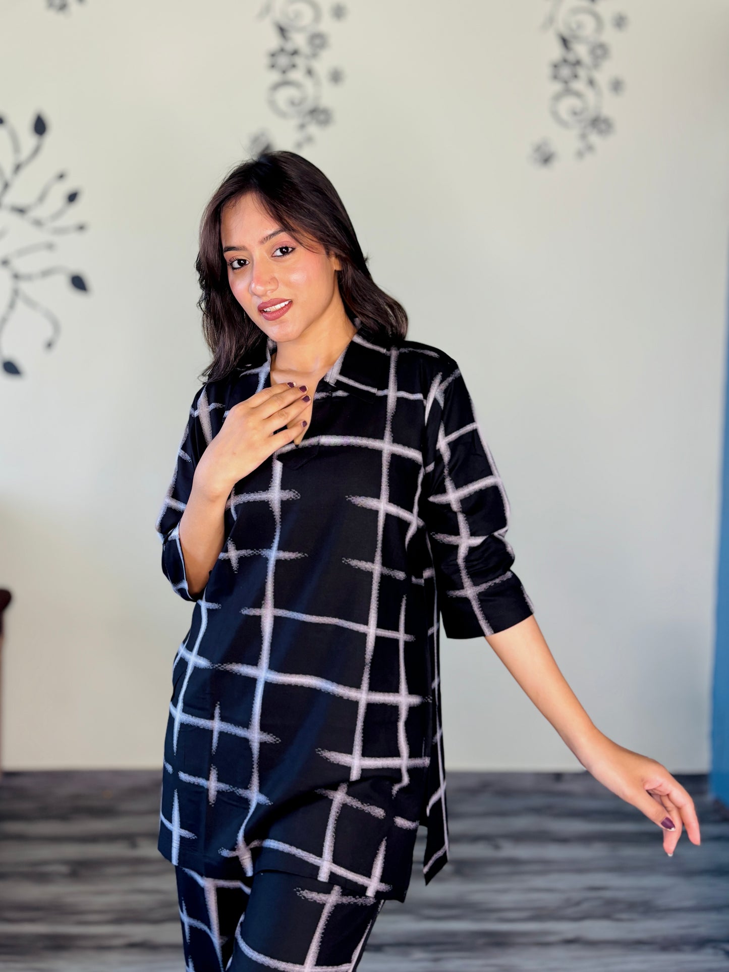 MIDNIGHT BLUE GRID ACCENTS RAYON CO-ORD SET