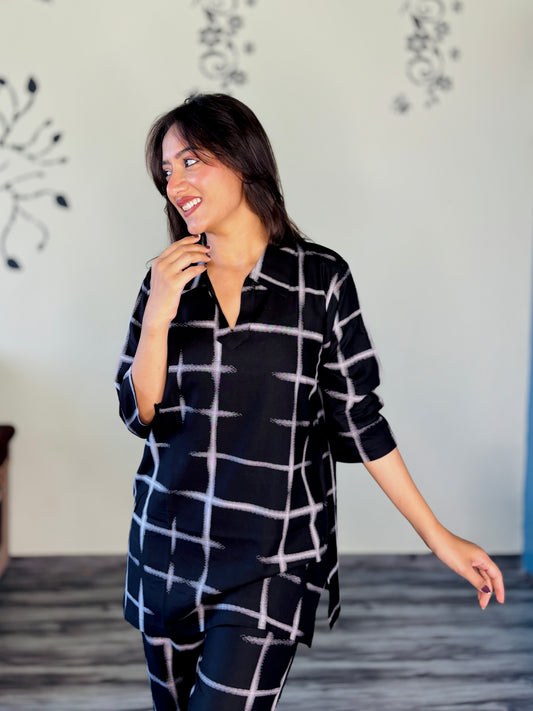 MIDNIGHT BLUE GRID ACCENTS RAYON CO-ORD SET