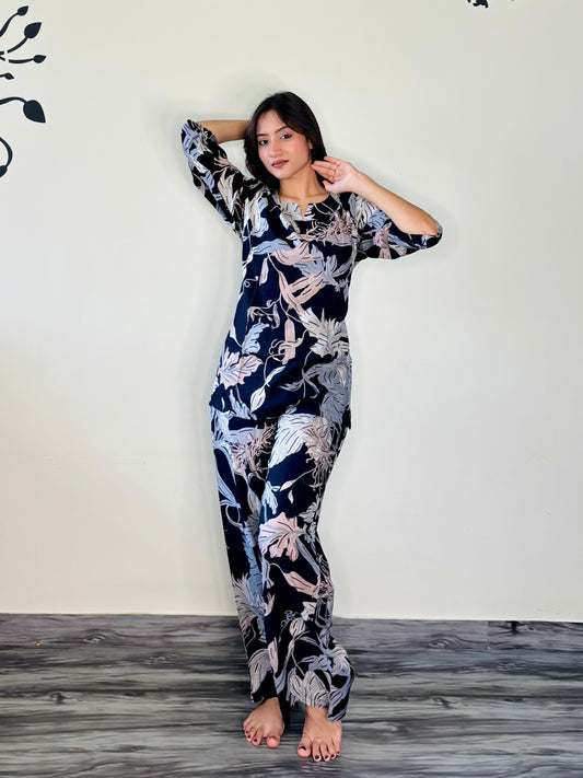 OXFORD BLUE ETHEREAL LEAVES RAYON CO-ORD SET