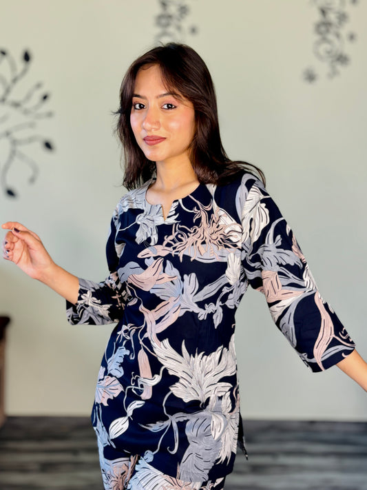 OXFORD BLUE ETHEREAL LEAVES RAYON CO-ORD SET