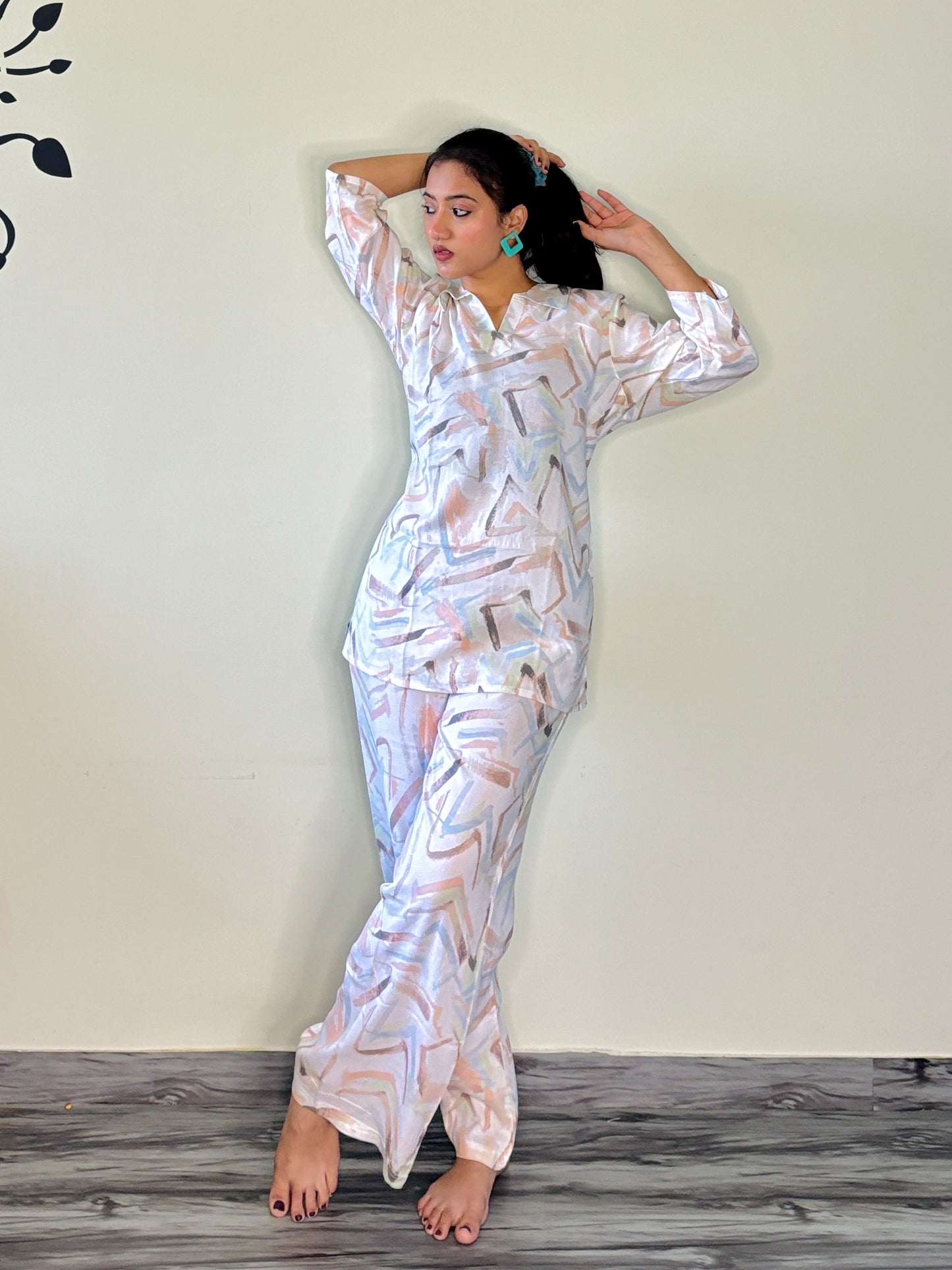 PEARL WHITE ORANGE DREAMSTROKE RAYON CO-ORD SET