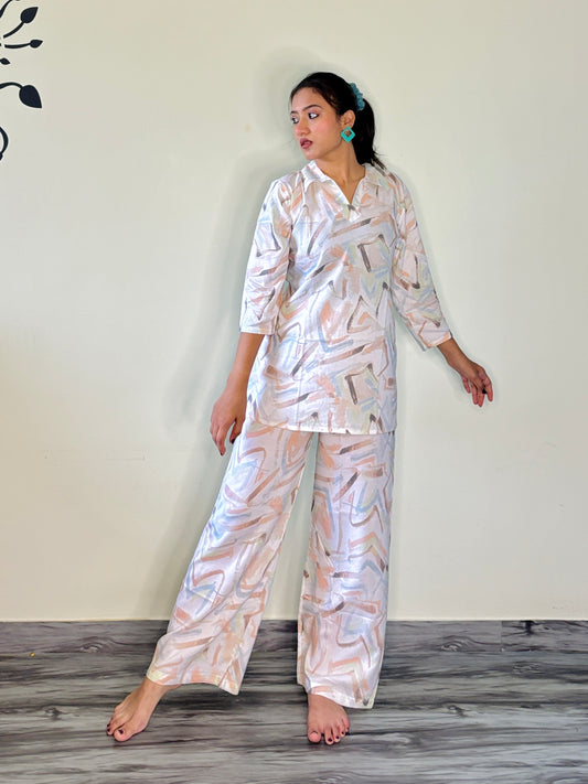 PEARL WHITE ORANGE DREAMSTROKE RAYON CO-ORD SET