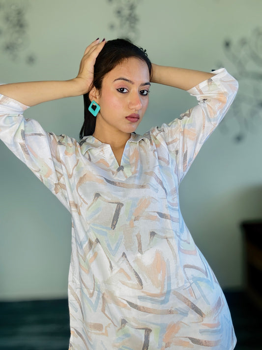 PEARL WHITE ORANGE DREAMSTROKE RAYON CO-ORD SET