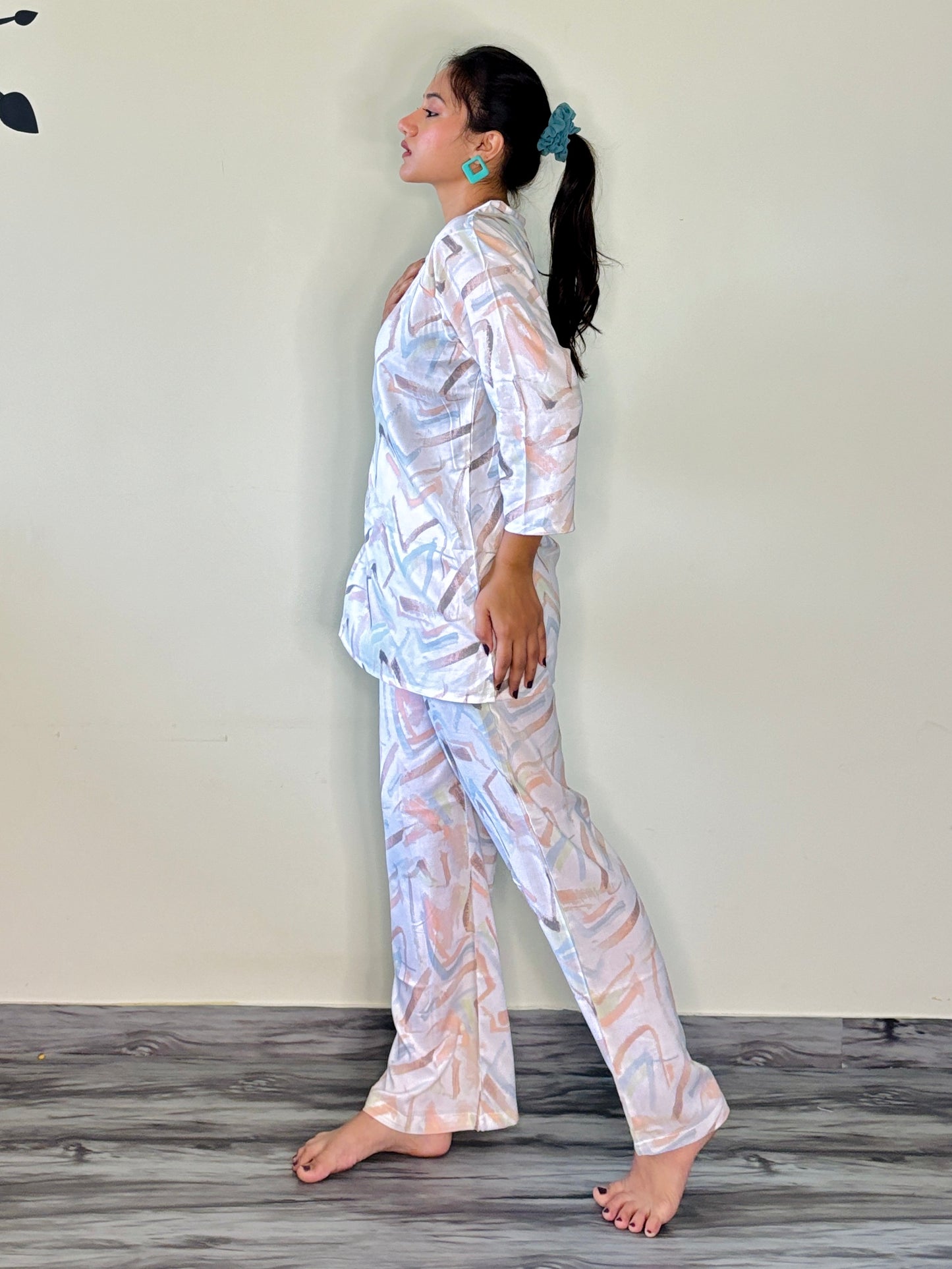 PEARL WHITE ORANGE DREAMSTROKE RAYON CO-ORD SET