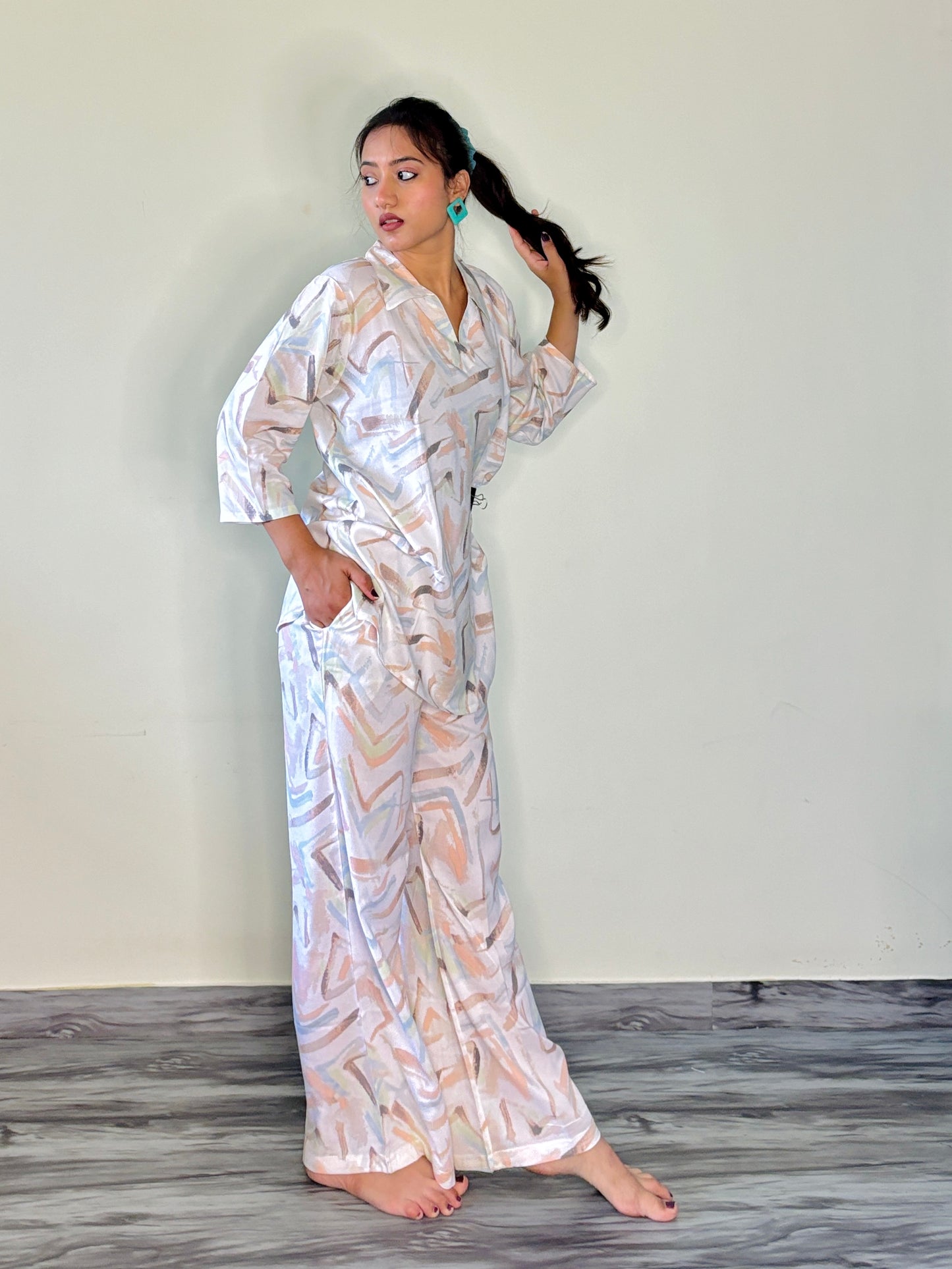 PEARL WHITE ORANGE DREAMSTROKE RAYON CO-ORD SET