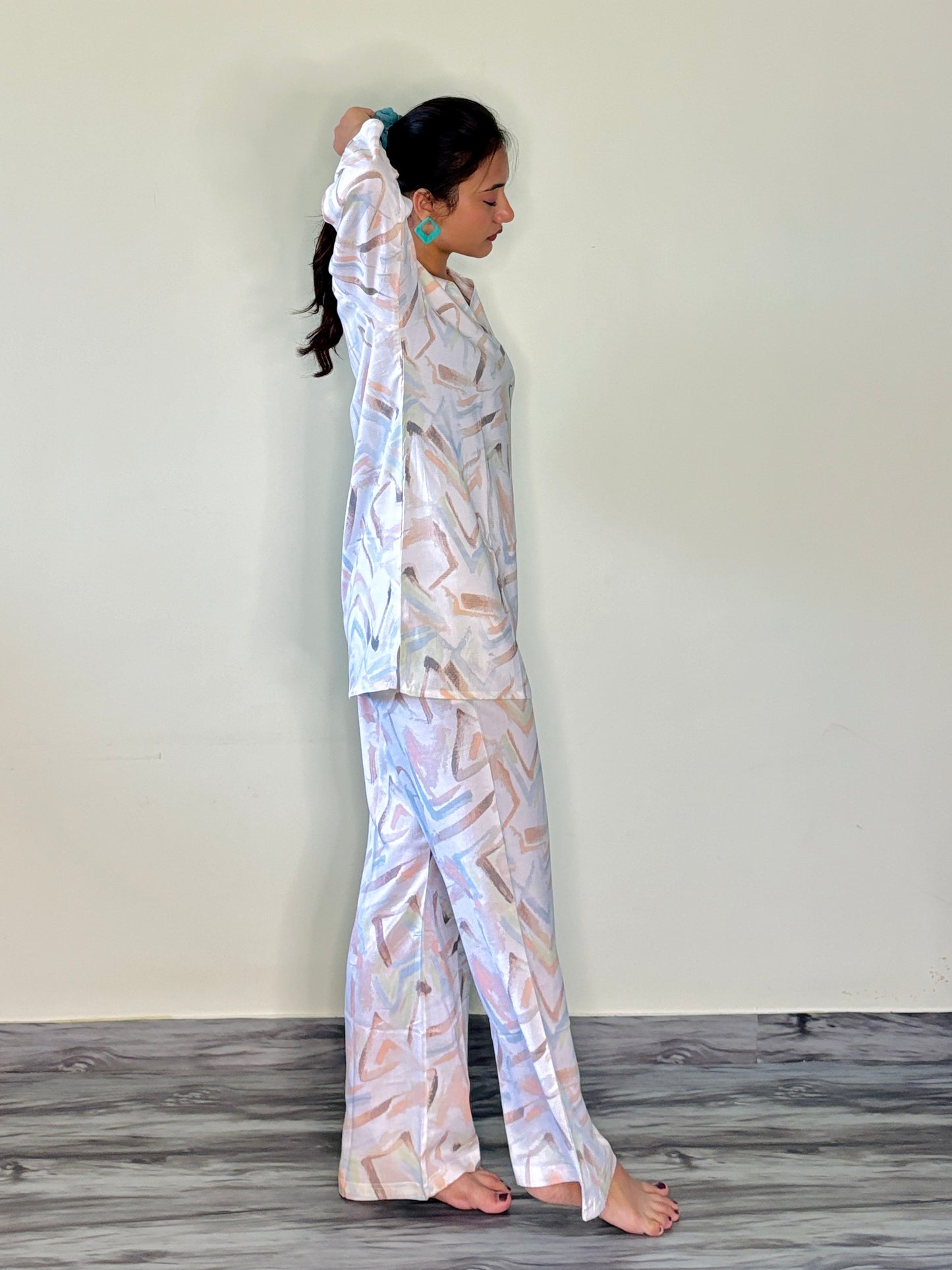 PEARL WHITE ORANGE DREAMSTROKE RAYON CO-ORD SET