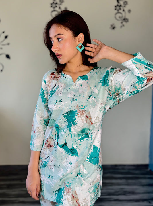 MINT WHITE BRUSHSTROKE RAYON CO-ORD SET