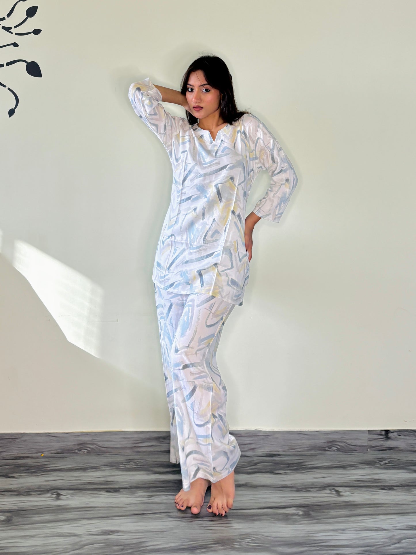 PEARL WHITE BLUE DREAMSTROKE RAYON CO-ORD SET