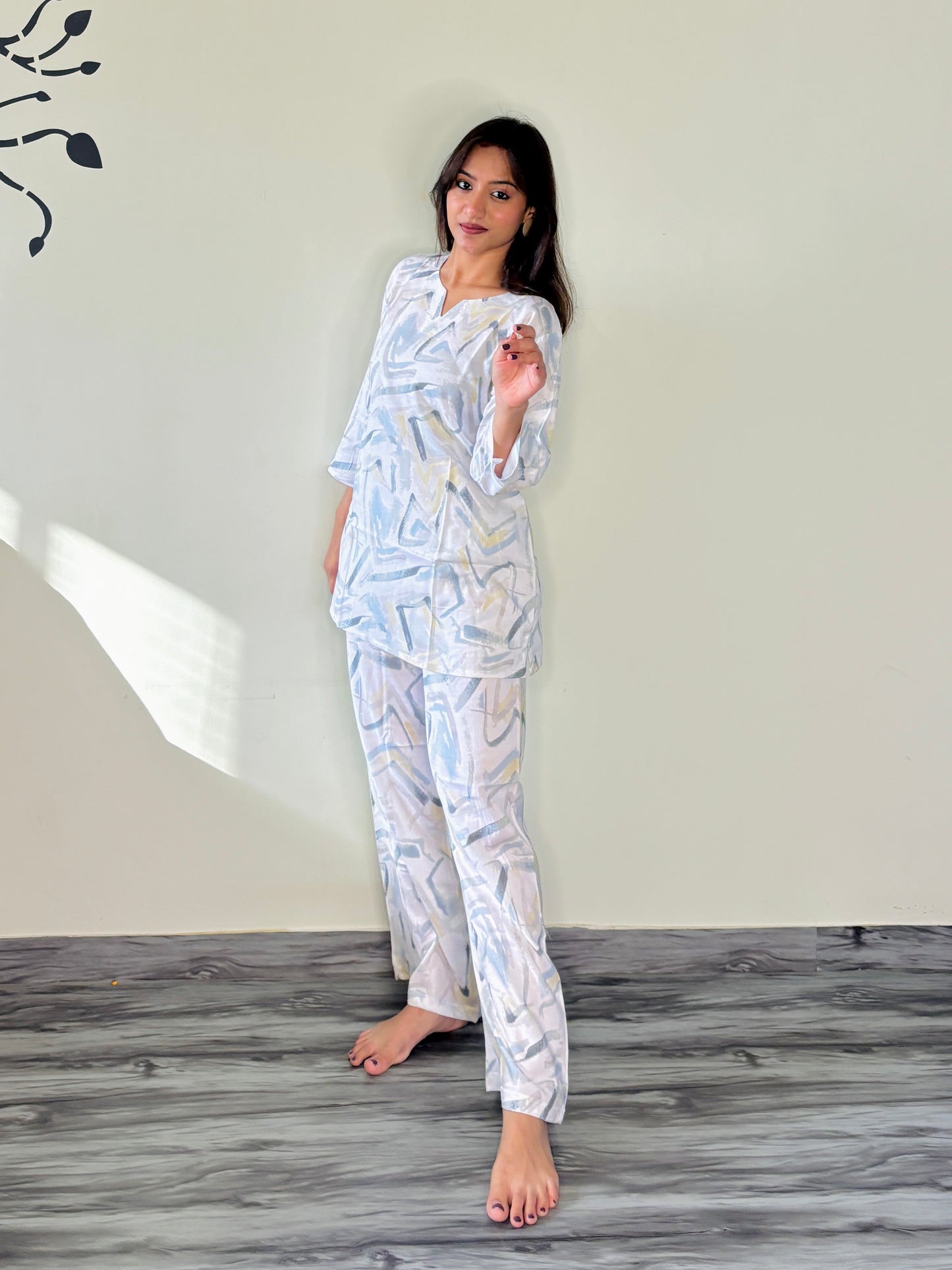 PEARL WHITE BLUE DREAMSTROKE RAYON CO-ORD SET