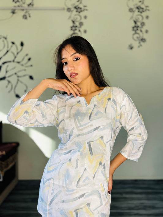 PEARL WHITE BLUE DREAMSTROKE RAYON CO-ORD SET