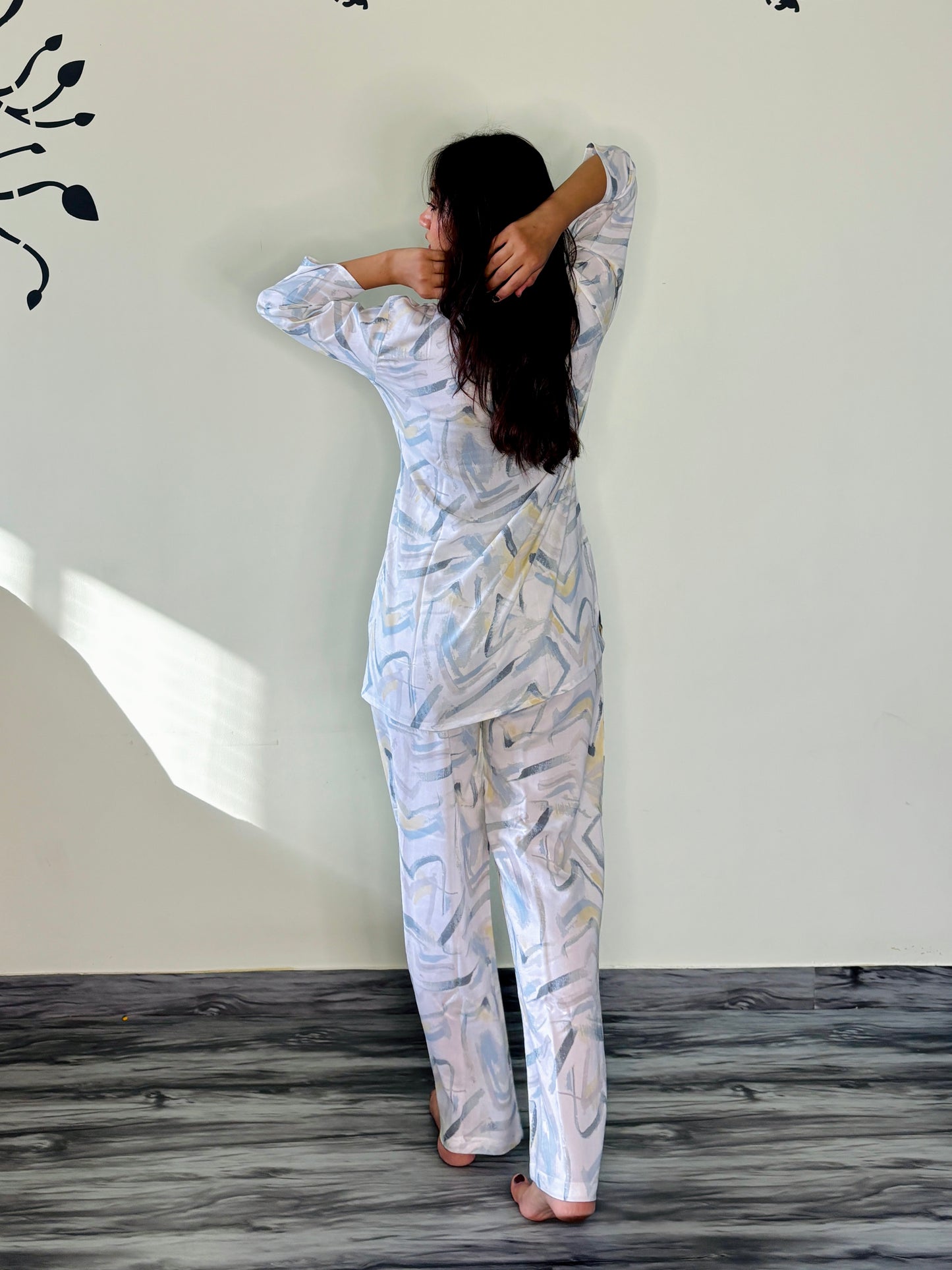 PEARL WHITE BLUE DREAMSTROKE RAYON CO-ORD SET