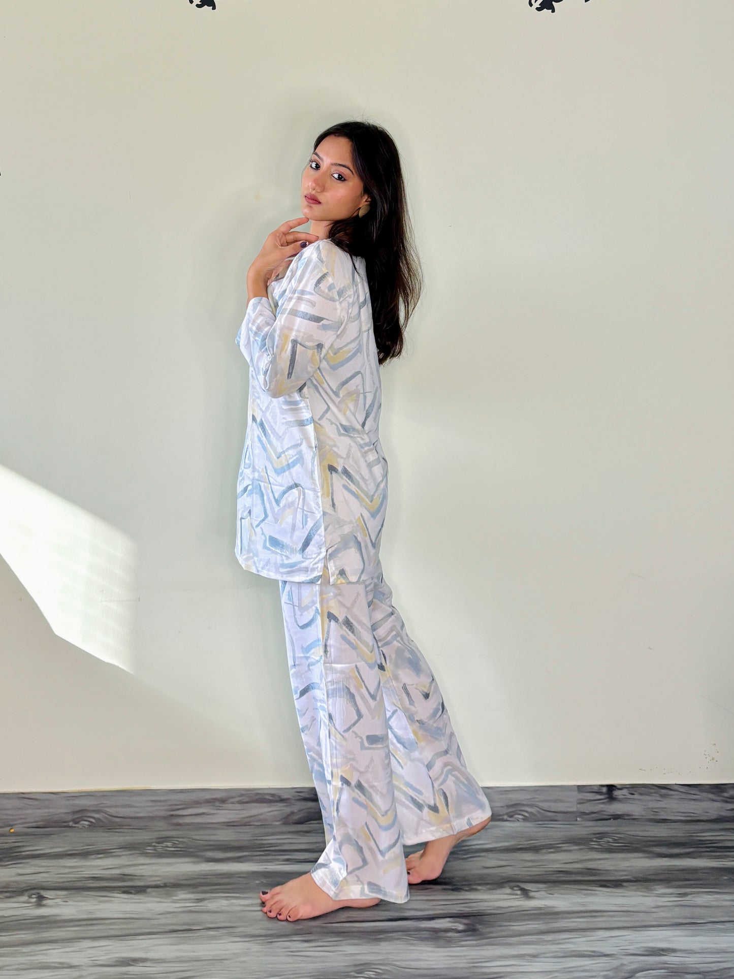 PEARL WHITE BLUE DREAMSTROKE RAYON CO-ORD SET
