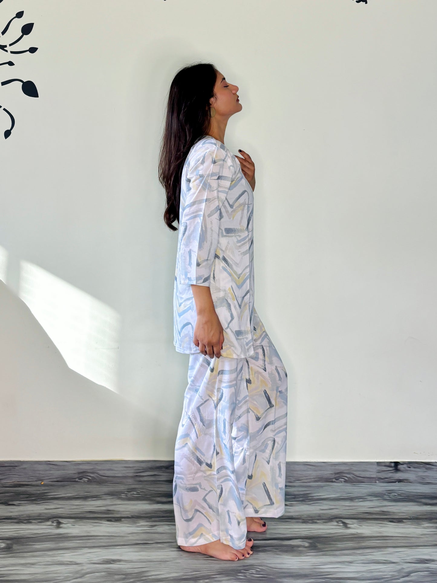 PEARL WHITE BLUE DREAMSTROKE RAYON CO-ORD SET